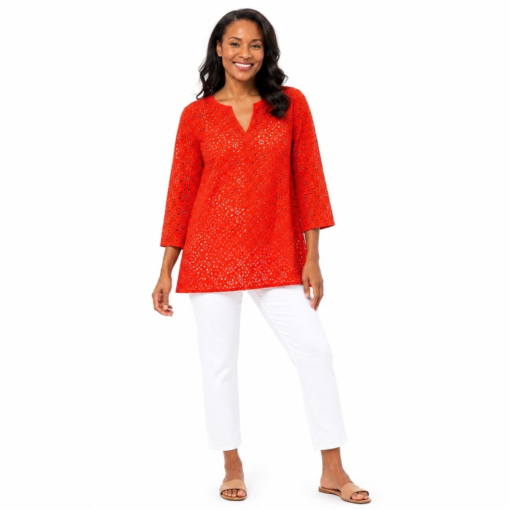 Talbots Tunic Cotton Orange Eyelet Boho Costal Resort Travel Preppy Women 10P